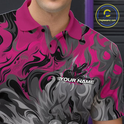 Custom Pink Flame Bowling Team Polo Shirts For Men, Fire Bowling Jerseys IPHW9561