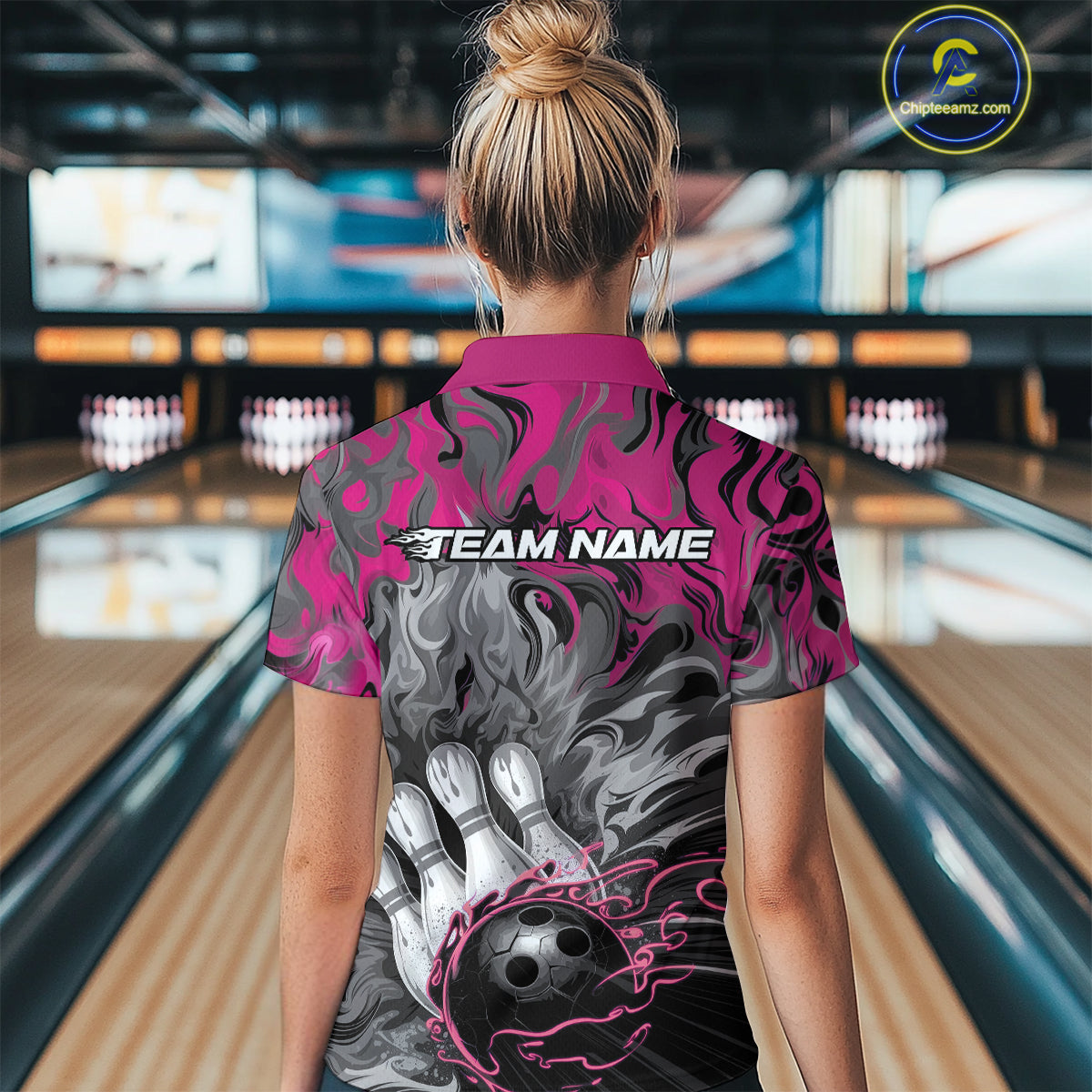Custom Pink Flame Bowling Team Polo Shirts For Women, Fire Bowling Jerseys IPHW9561