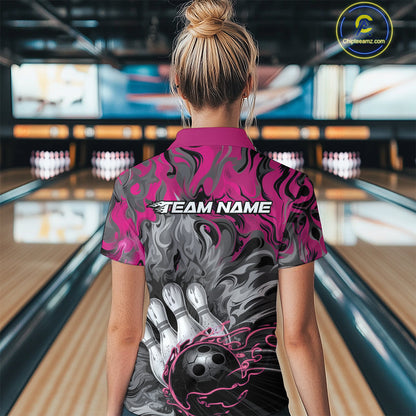Custom Pink Flame Bowling Team Polo Shirts For Women, Fire Bowling Jerseys IPHW9561
