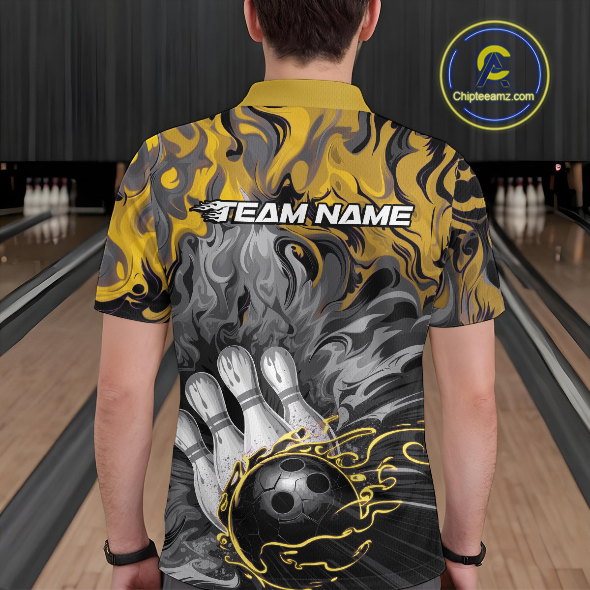Custom Yellow Fame Bowling Team Polo Shirts For Men, Fire Bowling Jerseys IPHW9562