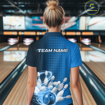 Custom Blue Flame Bowling Polo Shirts For Women, Bowling Tournament Team Shirt IPHW9407
