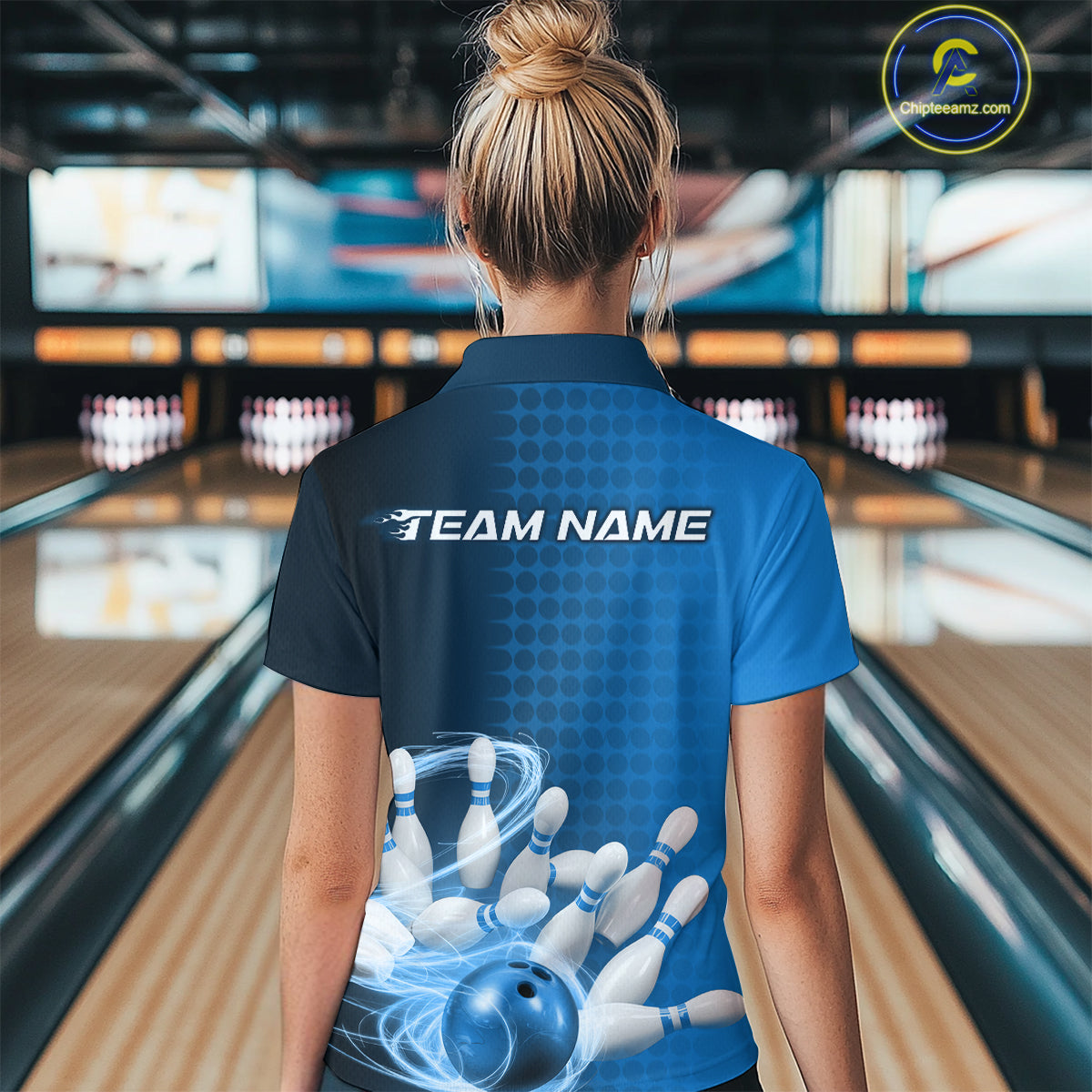 Custom Blue Flame Bowling Women Quarter-Zip Shirts, Bowling Tournament Team Shirt IPHW9407