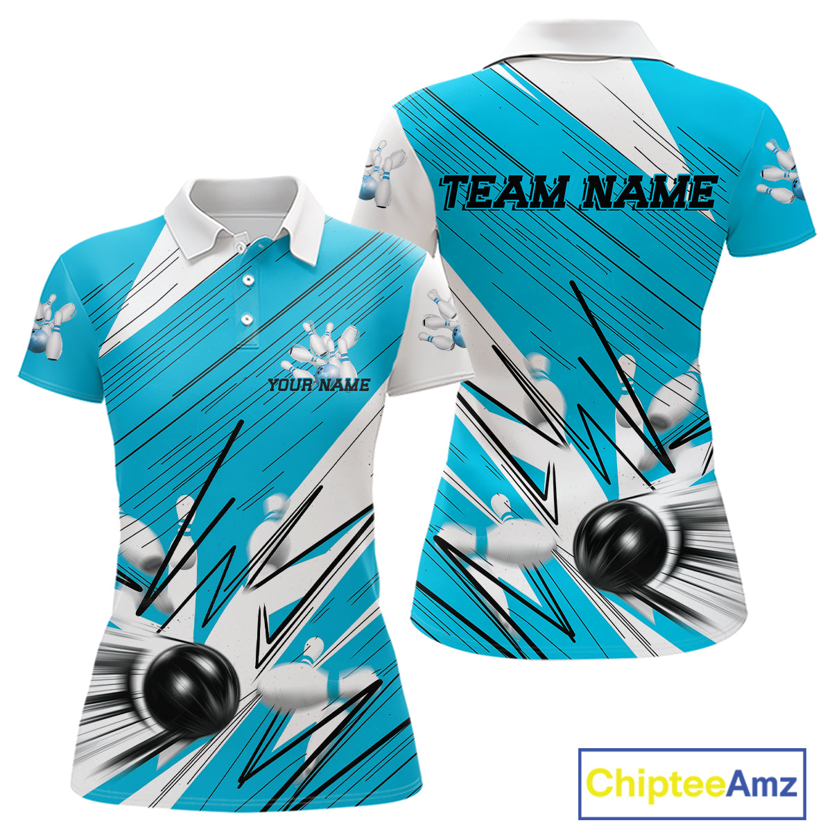 Custom White And Blue Bowling Team Women Polo Shirts, Bowling Ball And Pins Jerseys IPHW9600