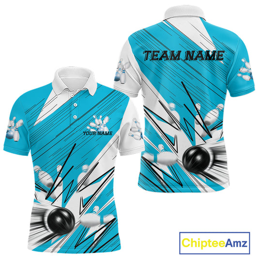 Custom White And Blue Bowling Team Men Polo Shirts, Bowling Ball And Pins Jerseys IPHW9600