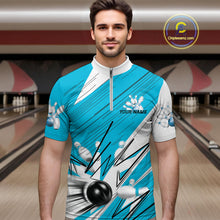 Load image into Gallery viewer, Custom White And Blue Bowling Team Men Quarter-Zip Shirts, Bowling Ball And Pins Jerseys IPHW9600