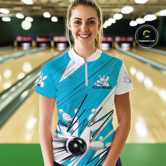 Custom White And Blue Bowling Team Women Quarter-Zip Shirt, Bowling Ball And Pins Jerseys IPHW9600