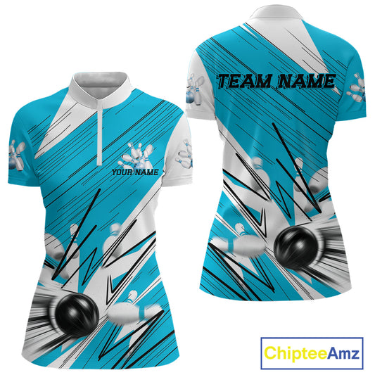 Custom White And Blue Bowling Team Women Quarter-Zip Shirt, Bowling Ball And Pins Jerseys IPHW9600