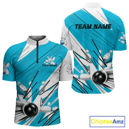 Custom White And Blue Bowling Team Men Quarter-Zip Shirts, Bowling Ball And Pins Jerseys IPHW9600