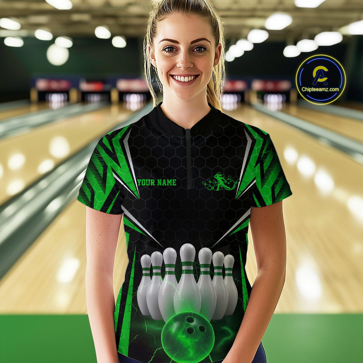 Custom Black And Green Bowling Jersey, Bowler Uniform Bowling Women Quarter-Zip Shirt IPHW9285