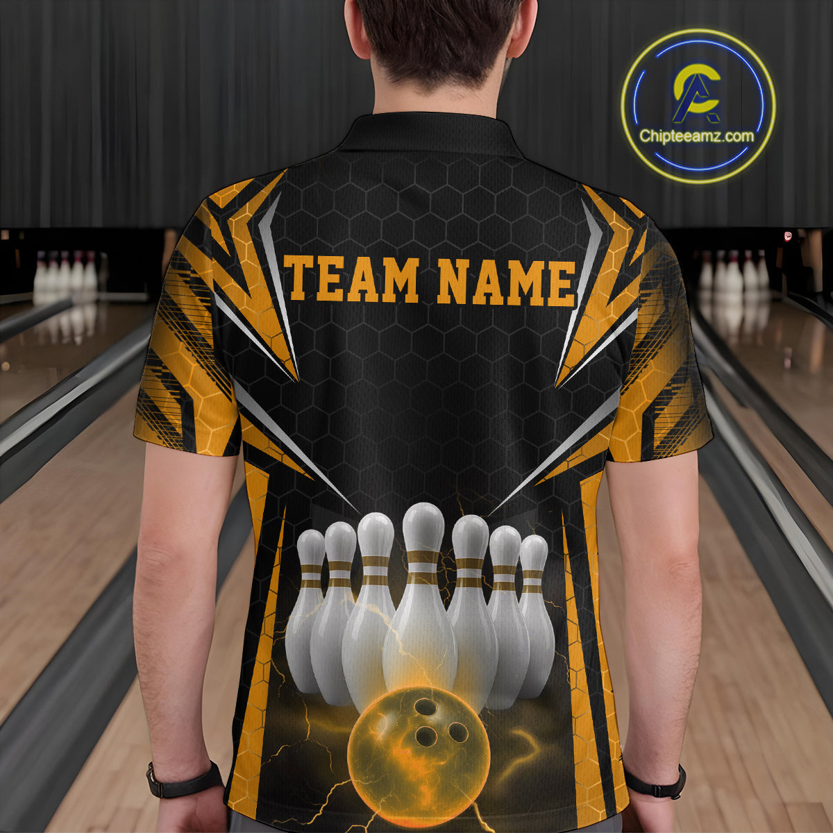 Custom Black And Yellow Bowling Team Jerseys, Bowler Uniform Bowling Polo Shirts For Men IPHW9286