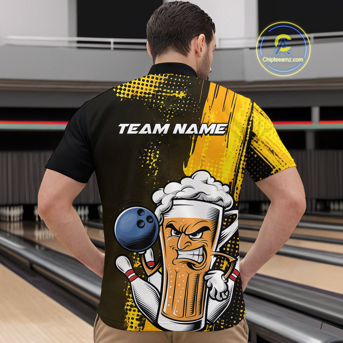 Custom Black And Yellow Funny Bowling And Beer Jerseys, Bowling Team Men Quarter-Zip Shirts IPHW9606