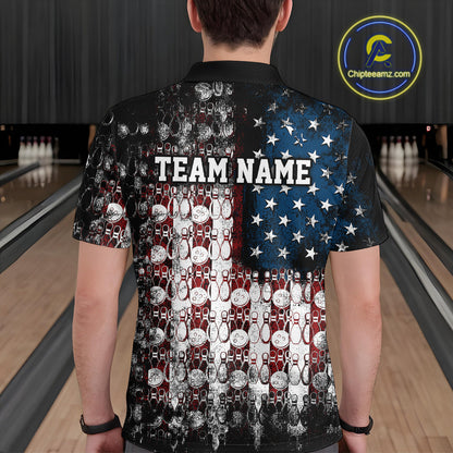 Custom Patriotic US Flag Bowling Men Polo Team Shirts, American Bowling League Shirt IPHW9325