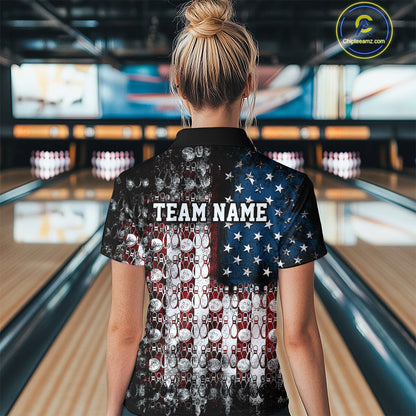 Custom Patriotic US Flag Bowling Women Quarter-Zip Team Shirt, Bowling League Shirt IPHW9325