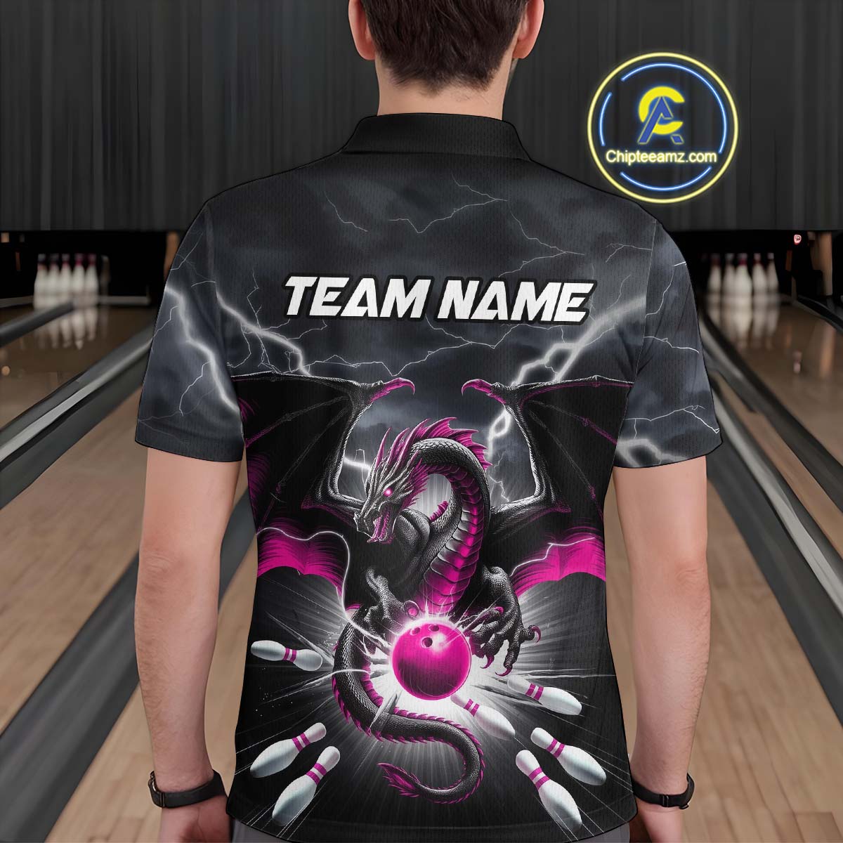 Custom Thunder Lightning Pink Dragon Bowling Team Polo Shirts For Men, Bowling Jerseys IPHW9113