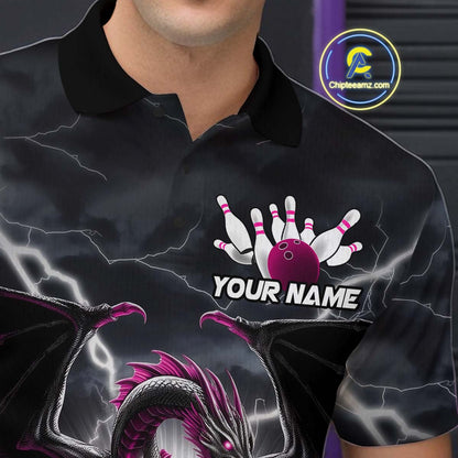 Custom Thunder Lightning Pink Dragon Bowling Team Polo Shirts For Men, Bowling Jerseys IPHW9113