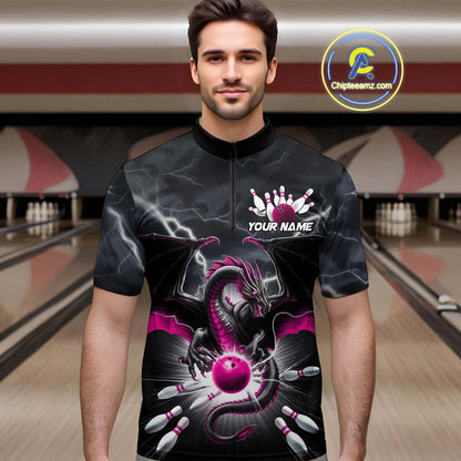 Custom Thunder Lightning Pink Dragon Bowling Team Quarter-Zip Shirts For Men, Bowling Jerseys IPHW9113