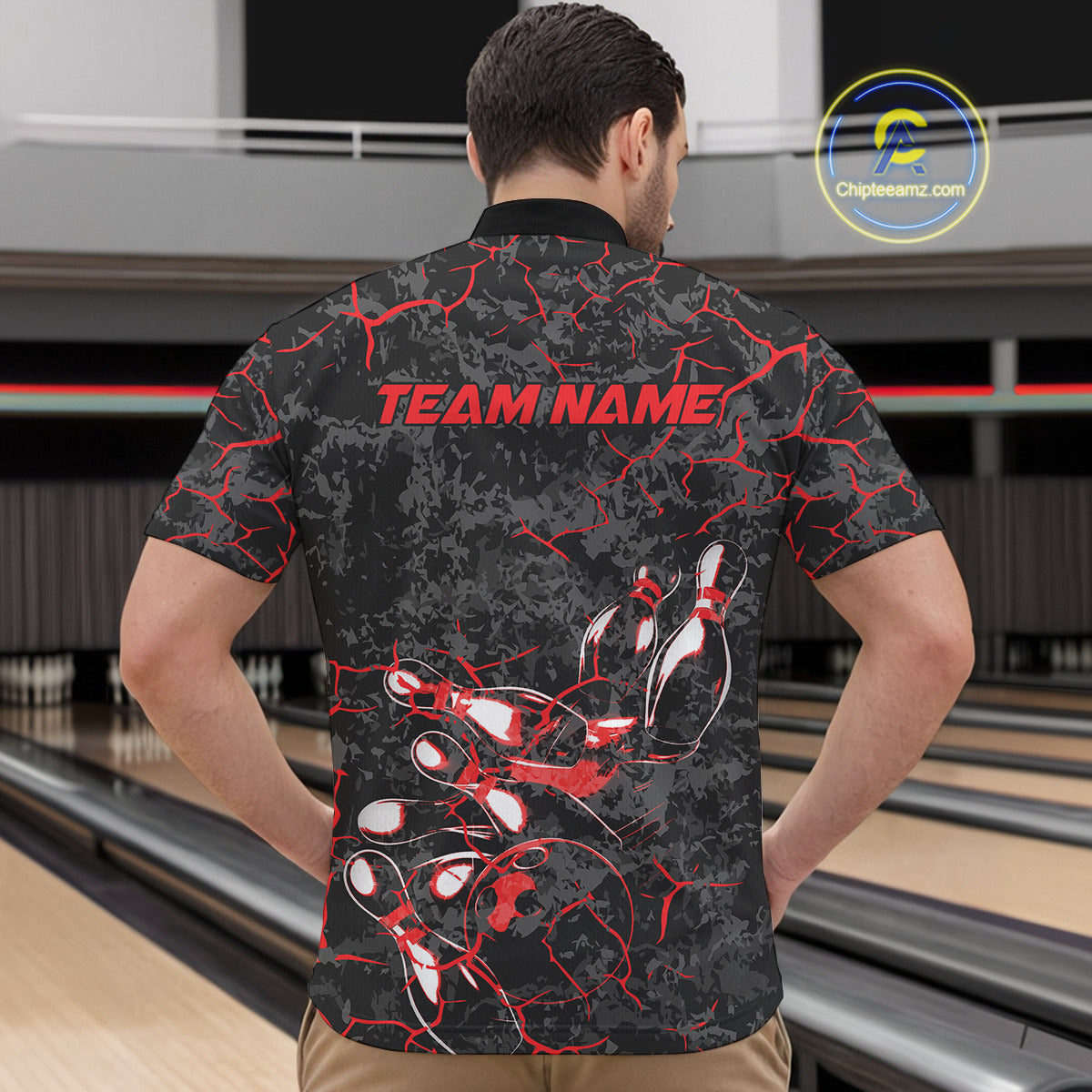 Custom Black And Red Camo Bowling Team Quarter-Zip Shirts For Men, Bowling League Shirt IPHW9370