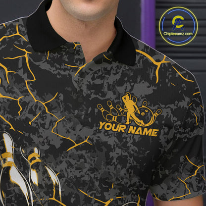 Custom Black And Yellow Camo Bowling Team Polo Shirts For Men, Bowling League Shirt IPHW9371