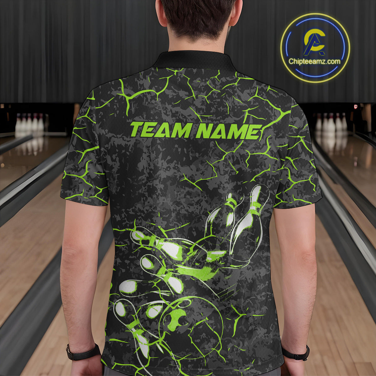 Custom Black And Green Camo Bowling Team Polo Shirts For Men, Bowling League Shirt IPHW9372