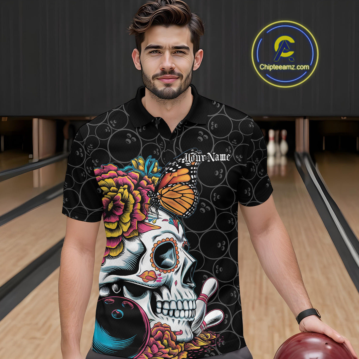 Custom Colorful Sugar Skull Bowling Team Polo Shirts For Men, Halloween Bowler Outfit IPHW9751