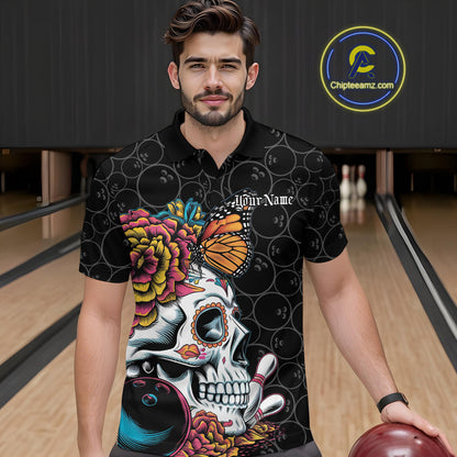 Custom Colorful Sugar Skull Bowling Team Polo Shirts For Men, Halloween Bowler Outfit IPHW9751