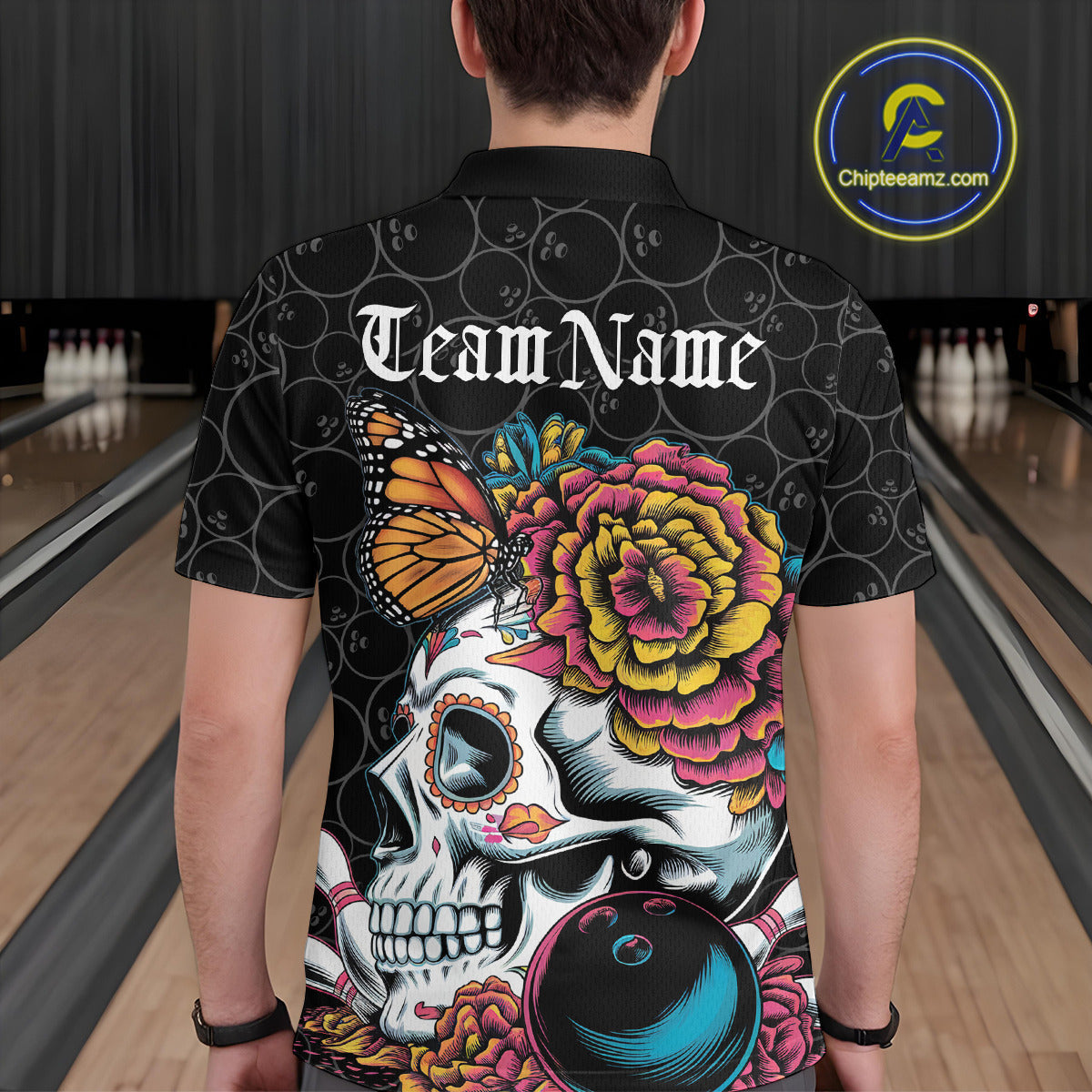 Custom Colorful Sugar Skull Bowling Team Polo Shirts For Men, Halloween Bowler Outfit IPHW9751