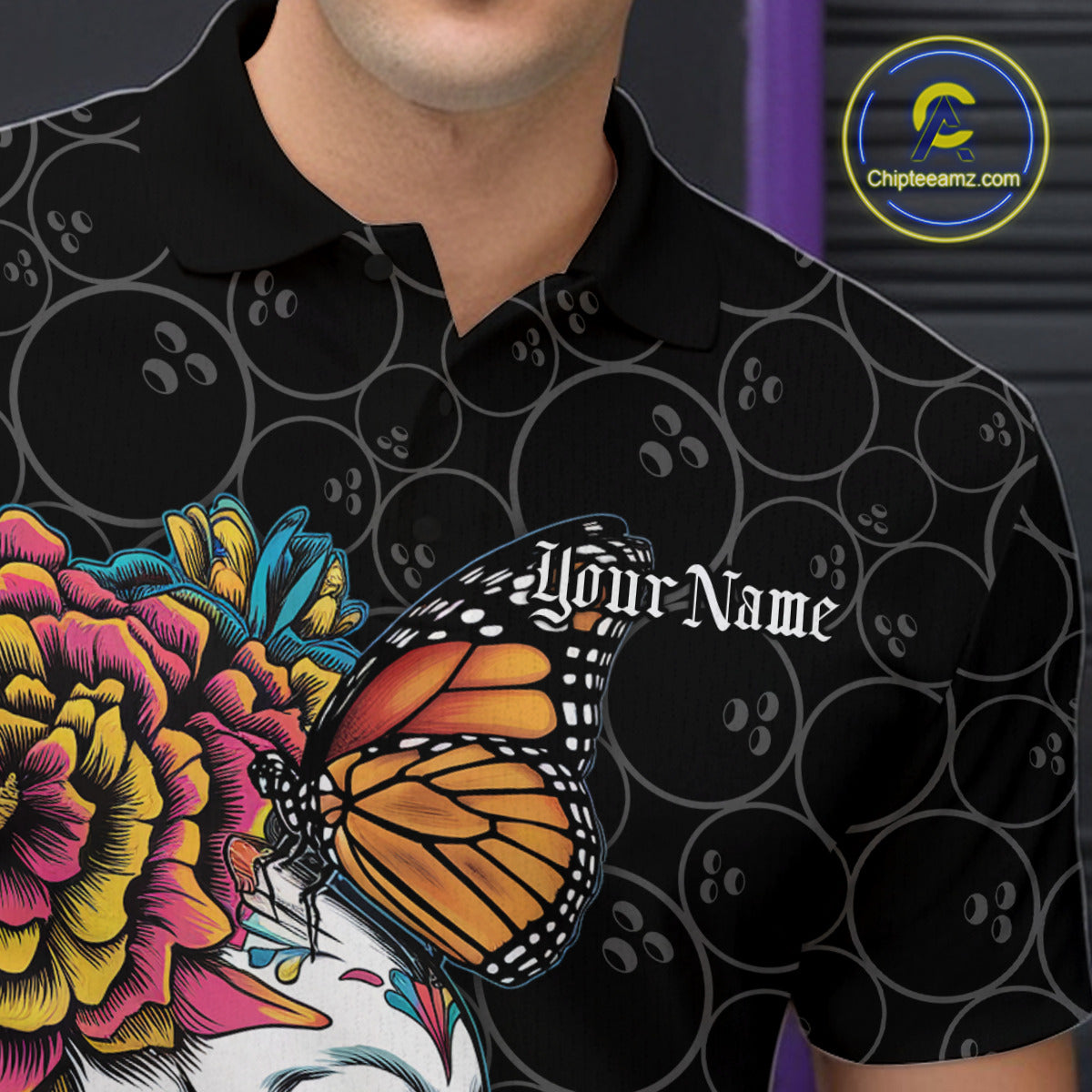 Custom Colorful Sugar Skull Bowling Team Polo Shirts For Men, Halloween Bowler Outfit IPHW9751