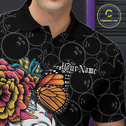 Custom Colorful Sugar Skull Bowling Team Polo Shirts For Men, Halloween Bowler Outfit IPHW9751