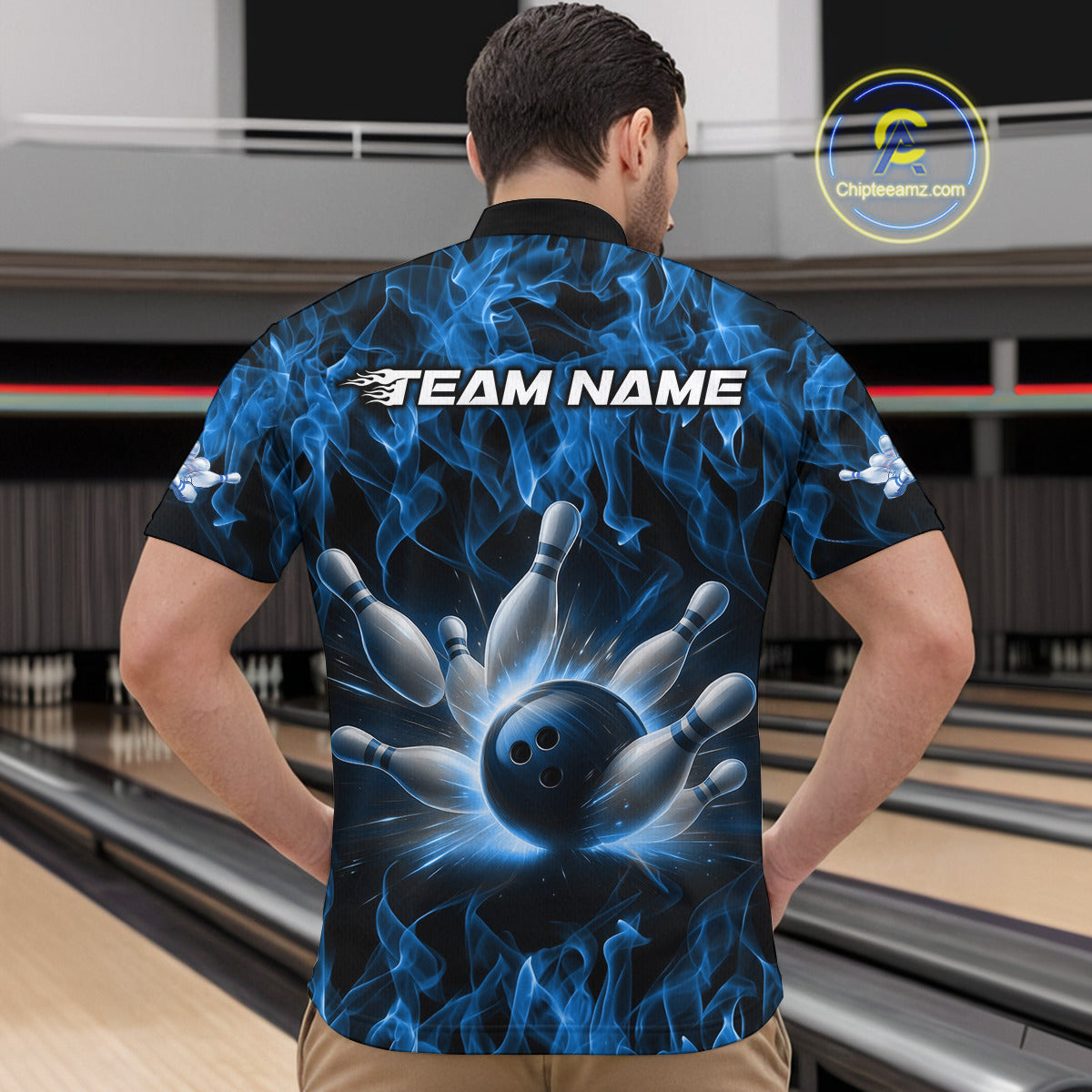 Custom Black And Blue Flame Bowling Team Men Quarter-Zip Shirts, Bowling Tournament Shirt IPHW9754