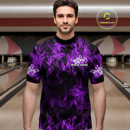Custom Black And Purple Flame Bowling Team Men Quarter-Zip Shirts, Bowling Tournament Shirt IPHW9756