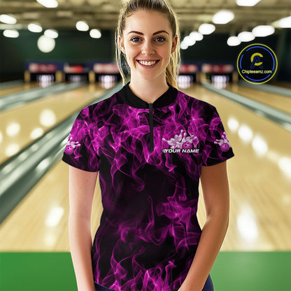 Custom Black And Pink Flame Bowling Women Quarter-Zip Shirts, Bowling Tournament Shirt IPHW9757