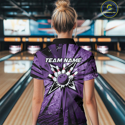Custom Black And Purple Camouflage Bowling Team Women Polo Shirts, Bowling League Shirt IPHW9383