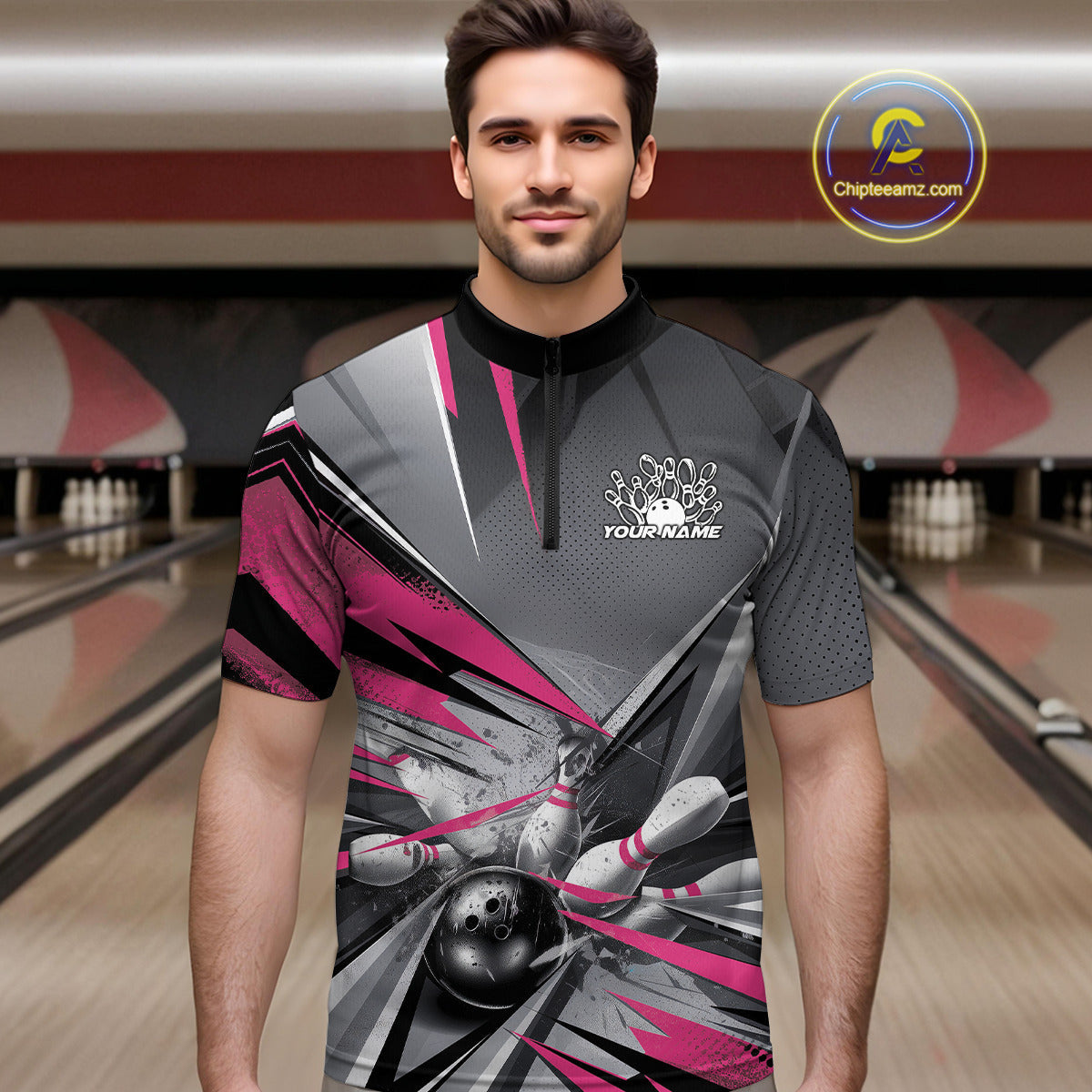 Custom Pink And Gray Bowling Quarter-Zip Team Shirts For Men, Bowler Outfit Bowling League Shirt IPHW9558