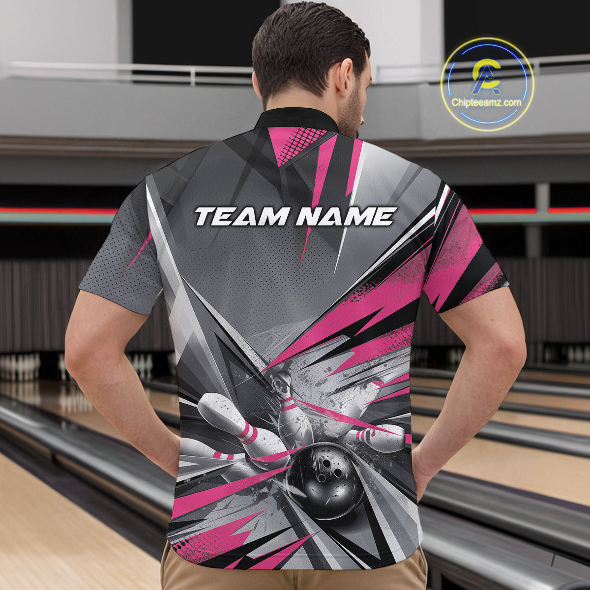 Custom Pink And Gray Bowling Quarter-Zip Team Shirts For Men, Bowler Outfit Bowling League Shirt IPHW9558