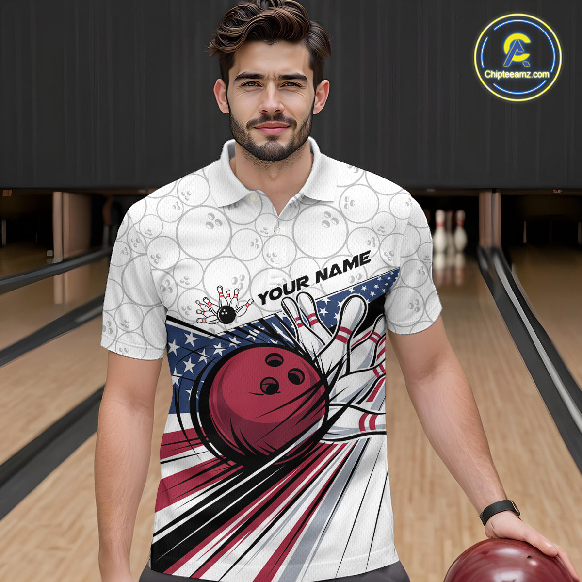 Custom Patriotic US Flag Bowling Polo Shirts For Men, Bowling Pattern Bowling League Shirt IPHW9594