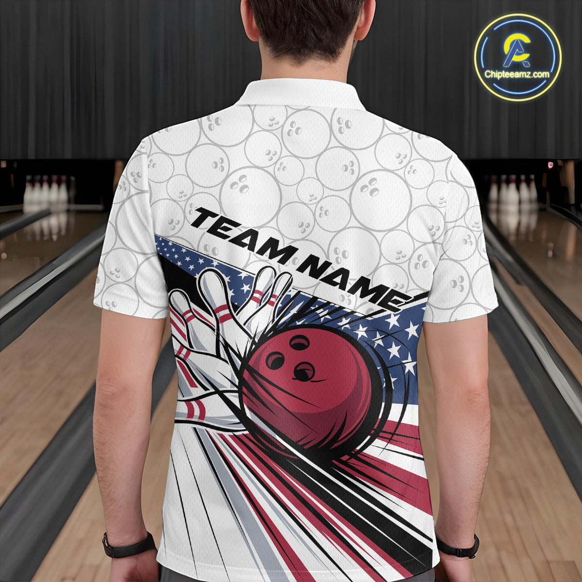 Custom Patriotic US Flag Bowling Polo Shirts For Men, Bowling Pattern Bowling League Shirt IPHW9594