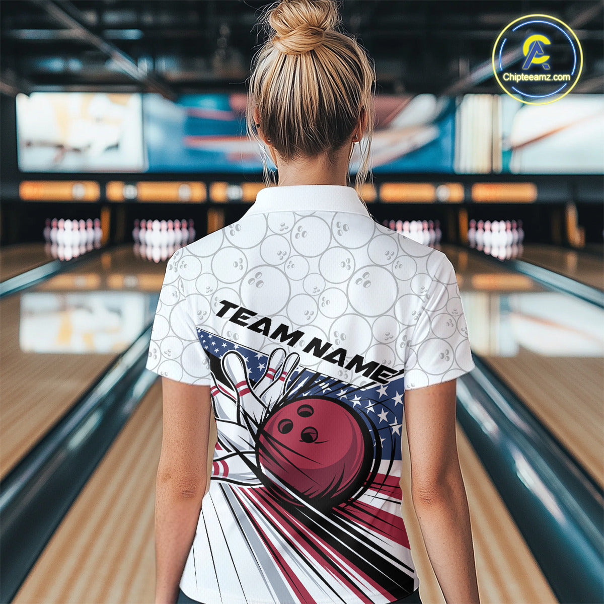 Custom Patriotic US Flag Women Bowling Polo Shirts, Bowling Pattern Bowling League Shirt IPHW9594
