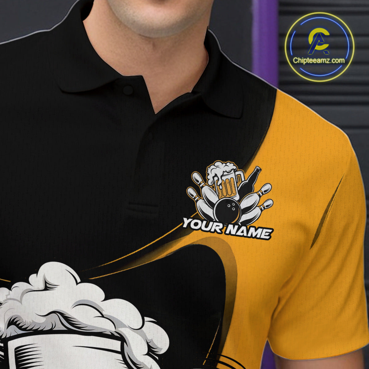 Custom Funny Black And Yellow Bowling And Beer Polo Shirts For Men, Bowling League Shirt IPHW9609