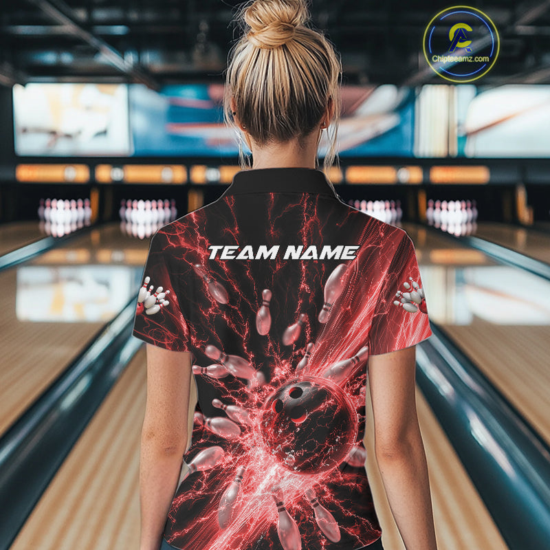 Custom Red Thunder Lightning Bowling Team Women Polo Shirts, Bowling Jerseys IPHW9743