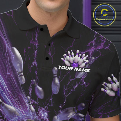 Custom Purple Thunder Lightning Bowling Team Men Polo Shirts, Bowling Jerseys IPHW9744