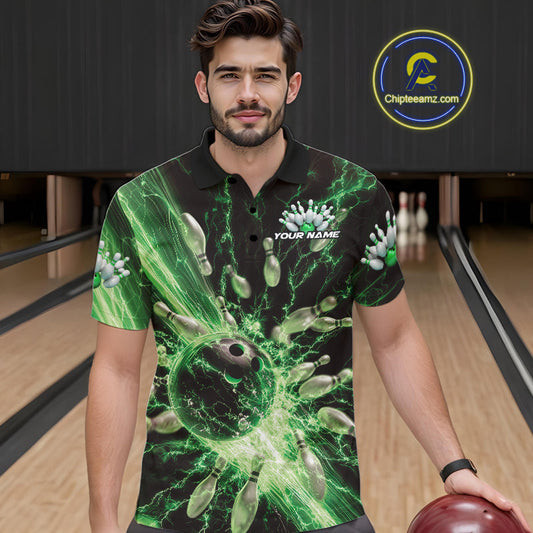Custom Green Thunder Lightning Bowling Team Men Polo Shirts, Bowling Jerseys IPHW9746
