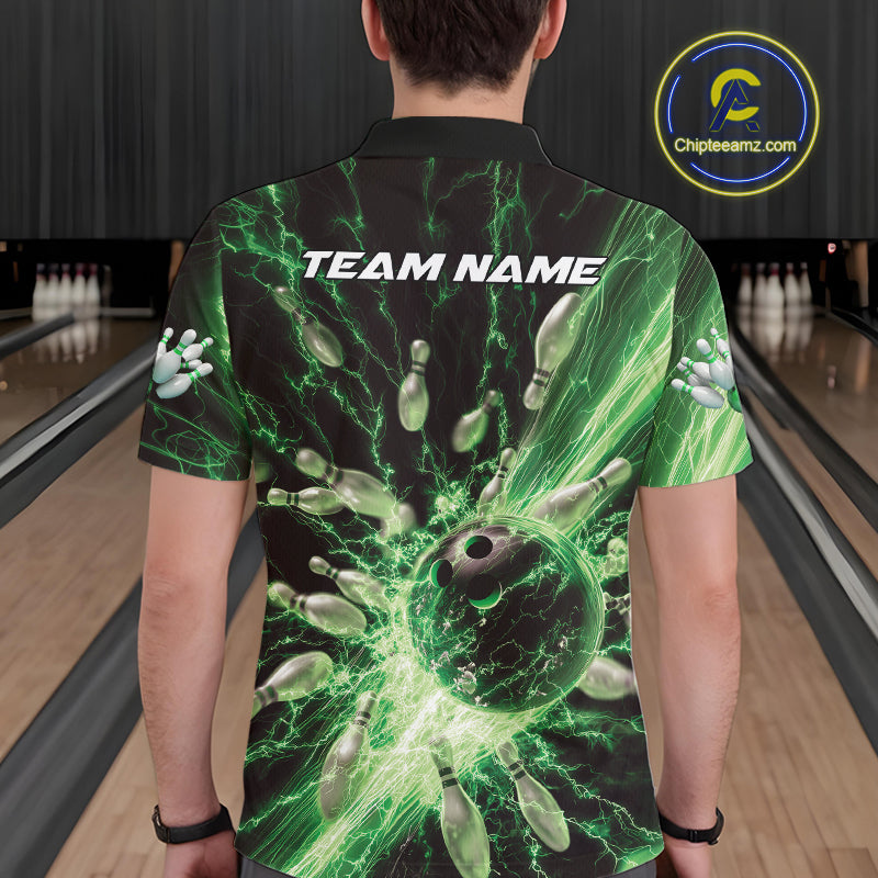 Custom Green Thunder Lightning Bowling Team Men Polo Shirts, Bowling Jerseys IPHW9746