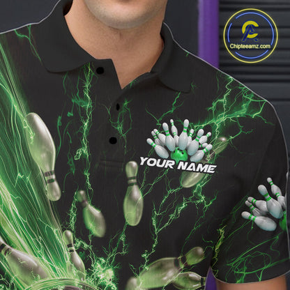 Custom Green Thunder Lightning Bowling Team Men Polo Shirts, Bowling Jerseys IPHW9746