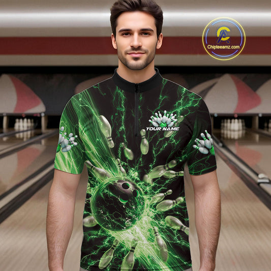 Custom Green Thunder Lightning Bowling Team Men Quarter-Zip Shirts, Bowling Jerseys IPHW9746