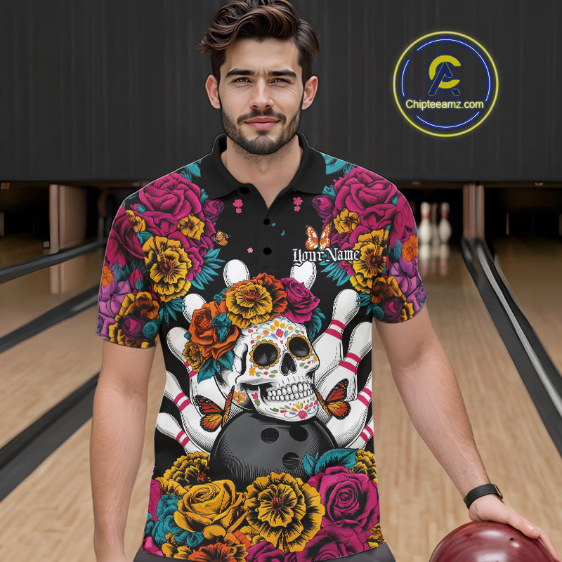Custom Flower Sugar Skull Bowling Team Polo Shirts For Men, Halloween Bowler Outfit IPHW9749