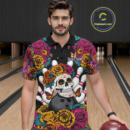 Custom Flower Sugar Skull Bowling Team Polo Shirts For Men, Halloween Bowler Outfit IPHW9749