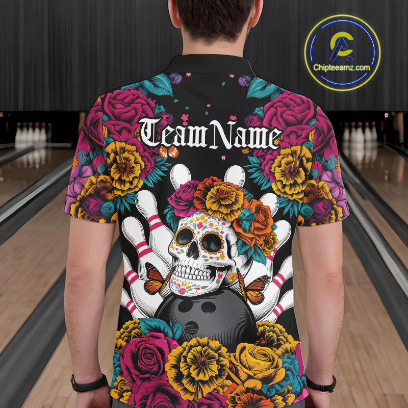 Custom Flower Sugar Skull Bowling Team Polo Shirts For Men, Halloween Bowler Outfit IPHW9749