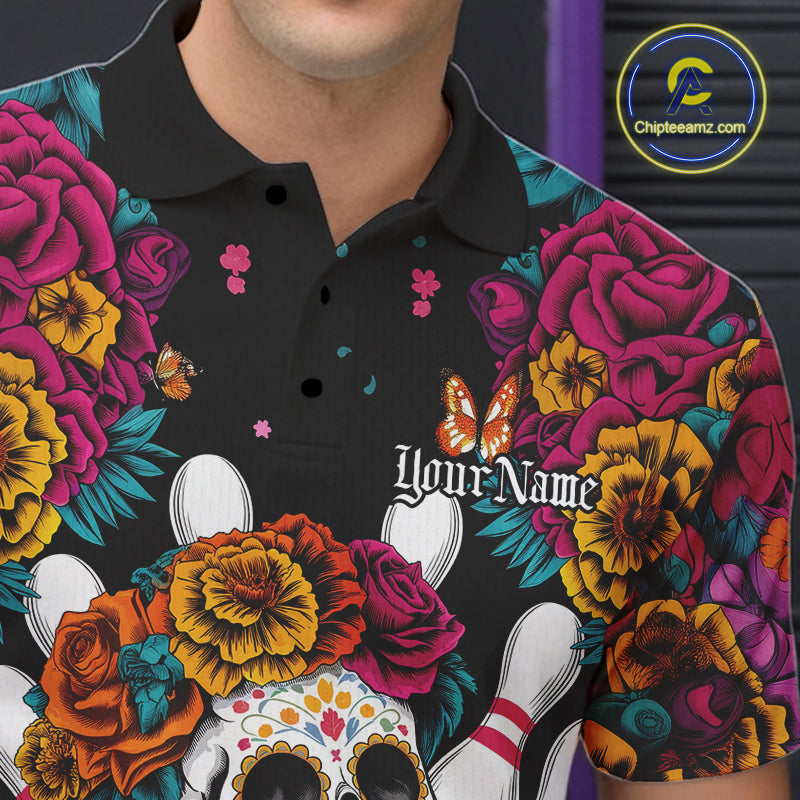 Custom Flower Sugar Skull Bowling Team Polo Shirts For Men, Halloween Bowler Outfit IPHW9749