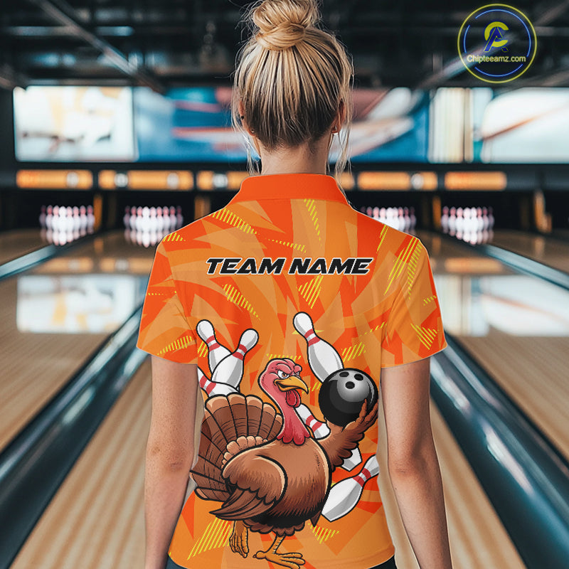 Custom Funny Thanksgiving Turkey Bowling Women Quarter-Zip Shirts, Bowling League Shirt IPHW9769