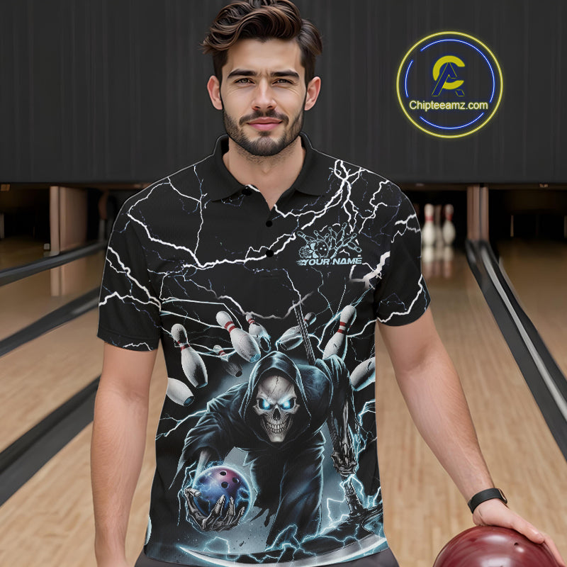 Custom Black And Blue Lightning Grim Reaper Bowling Men Polo Shirt, Halloween Outfit IPHW9801